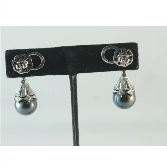 TAHITIAN  PEARL & DIAMONDS WHITE GOLD EARRINGS - Picture 4 of 5